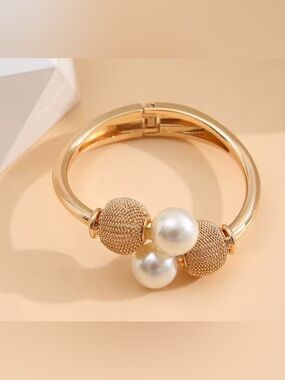 Gold-Tone Pearl Accent Hinged Bangle Bracelet